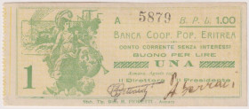 Eritrea - Banca Cooperativa Popolare Eritrea (Asmara) - Buono per Lire Una, 1917 A 5879. Questo esemplare è il medesimo Illustrato in Gavello Cartamon...