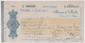 Città di Fiume - Assegno bancario della Banca d' Italia datato 06/09/1924 
SPL