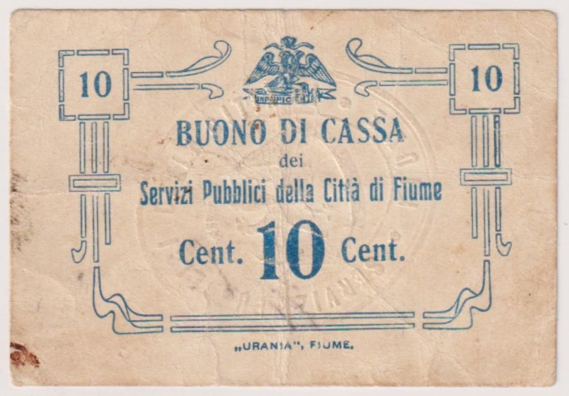 Città di Fiume 1925 - Buono di Cassa da 10 Cent. dei Servizi Pubblici. Gav. 03.1...