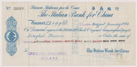 CINA filiale di Tientsin - Assegno emesso dalla Banca Italiana per la Cina nel 1936. Questo esemplare è il medesimo illustrato Cartamoneta Antica Vol ...