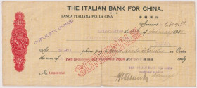 CINA filiale di Shanghai - Assegno emesso dalla Banca Italiana per la Cina nel 1925.
BB