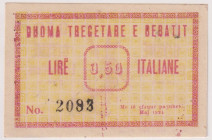 ALBANIA Berat - Biglietto di emergenza da Lire Italiane 0,50 con testo italiano e albanese, stampato da Shtyp Dori Koti Korce nell’aprile del 1924 per...