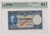 ALBANIA Banca Nazionale d'Albania, Protettorato Italiano - 20 Franchi Oro del 1926 SPECIMEN con dicitura "Annullato". Crap. OI 53s RR In slab PMG n° 1...