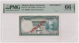 ALBANIA Banca Nazionale d'Albania, Protettorato Italiano - 5 Franchi Oro del 1926 SPECIMEN con dicitura "Annullato". Crap. OI 51s RR In slab PMG n° 19...