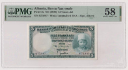 ALBANIA Banca Nazionale d'Albania, Protettorato Italiano - 5 Franchi Oro del 1926 K75,847 (Alberti - Gambino). Crap. OI 51 R In slab PMG n° 1914638-01...
