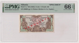 ALBANIA Banca Nazionale d'Albania, Protettorato Italiano - 1 Franco Oro / 5 Lek del 1926 SPECIMEN con dicitura "Annullato". Crap. OI 50s RRRR In slab ...