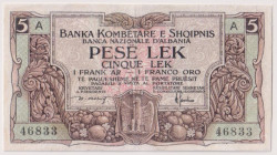 ALBANIA Banca Nazionale d'Albania, Protettorato Italiano - 1 Franco Oro / 5 Lek del 1926 46833 . Crap. OI 50 RRRRR della più grande rarità, pochissimi...