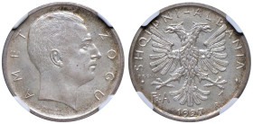 ALBANIA Amet Zogu (1925-1939) Franga 1927 R Prova - Mont. 57 AG RRRR In slab NGC n° 5887104-066. TOP POP miglior esemplare certificato NGC. Solo 50 es...
