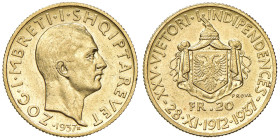 ALBANIA Amet Zogu (1925-1939) 20 Franga 1937 R Prova 25° Anniversario dell’Indipendenza - Mont. 31 AU RRRR Solo 50 esemplari coniati. Ex asta Nomisma ...