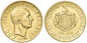 ALBANIA Amet Zogu (1925-1939) 20 Franga 1937 R 25° Anniversario dell’Indipendenza - Mont. 32 AU R Ex asta Inasta 44 del 19/05/2012, lotto 355.
qFDC...