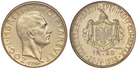 ALBANIA Amet Zogu (1925-1939) 20 Franga 1938 R Prova Celebrazione matrimonio del re - Mont. 33 AU RRRR Solo 50 esemplari coniati. In slab NGC n° 30674...