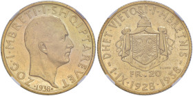 ALBANIA Amet Zogu (1925-1939) 20 Franga 1938 R Prova 10° Anniversario della monarchia - Mont. 35 AU RRRR Solo 50 esemplari coniati In slab NGC n° 2127...