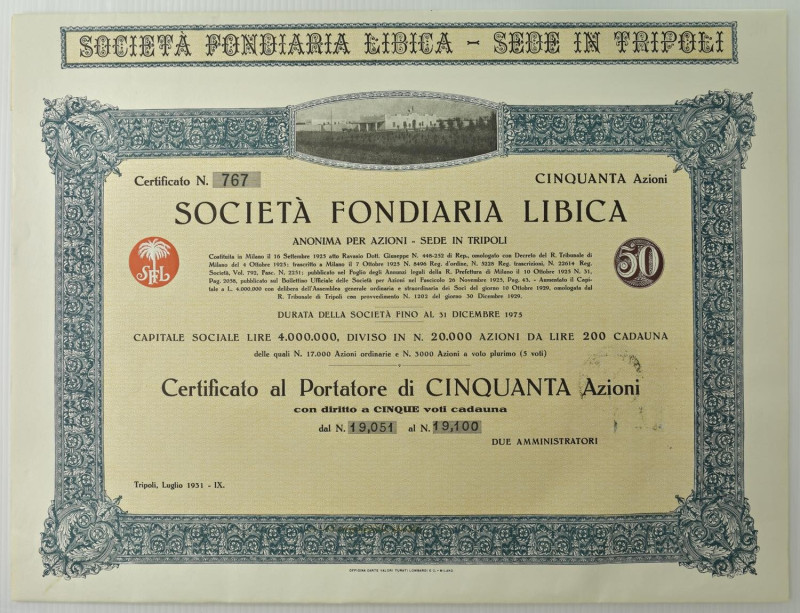 Tripoli Certificato al Portatore di 50 Azioni - Società Fondiaria Libica datata ...