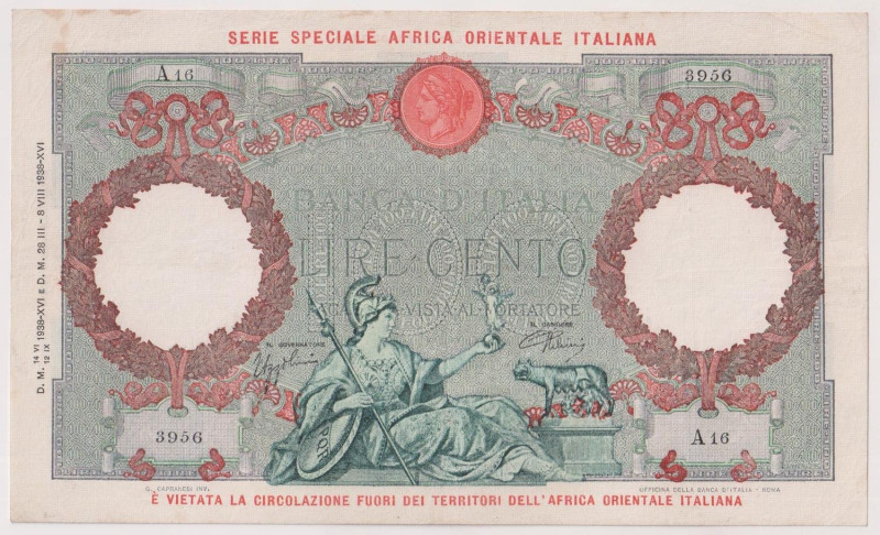 Africa Orientale Italiana - 100 Lire Aquila Romana del 1938 A16 3956 Gig. AOI 2A...