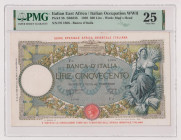 Africa Orientale Italiana - 500 Lire Mietitrice del 1939 F6 1806 Gig. AOI 3B RRRR In slab PMG n° 1914640-004.
PMG 25