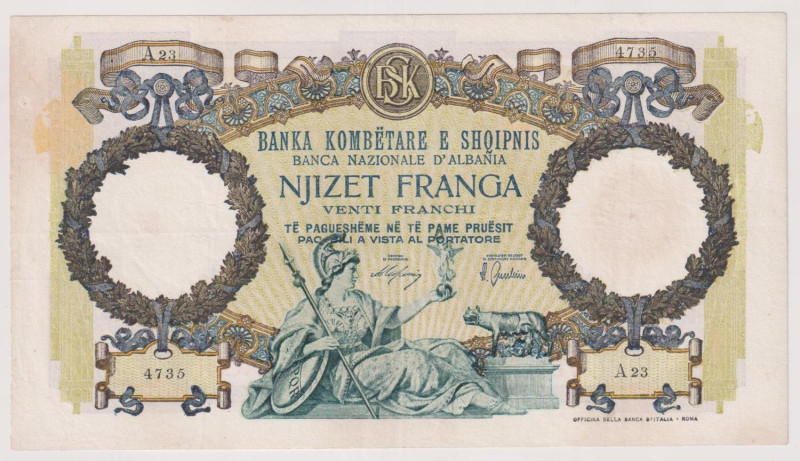 ALBANIA Banca Nazionale d'Albania, Regno d'Italia e Albania - 20 Franchi del 193...