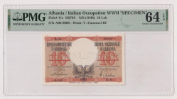 ALBANIA Banca Nazionale d'Albania, Regno d'Italia e Albania - 10 Lek del 1940 SPECIMEN con perforazione "ANNULLATO". Gav. 03.135 R In slab PMG n° 1914...