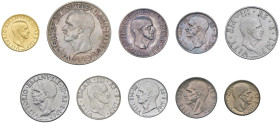 § Vittorio Emanuele III (1900-1943) Serie 1940, A. XVIII composta da 10 valori (Lire 100, 20, 10, 5, 2, 1 e Centesimi 50, 20, 10, 5) AU, AG, NI, CU RR...