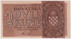 Regno di Croazia - Tomislao II (Aimone di Savoia) - 2 Kuna, biglietto di Stato del 25/09/1942 BH 207151 Gav. 03.244
FDS