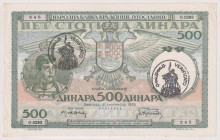 Occupazione Italiana del Montenegro 1941 - 500 Dinari della Banca Nazionale del Regno di Jugoslavia 06/09/1935 con sovrastampa a timbro "Verificato" (...