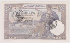 Occupazione Itliana del Montenegro 1941 - 100 Dinari della Banca Nazionale del Regno di Jugoslavia 01/12/1929 (filigrana Alexander I) con sovrastampa ...