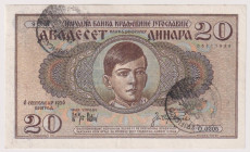 Occupazione Italiana del Montenegro 1941 - 20 Dinari della Banca Nazionale del Regno di Jugoslavia 06/09/1936 con sovrastampa a timbro "Verificato" (1...