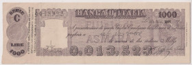 Africa Orientale Italiana, Eritrea, filiale di Asmara - Vaglia Cambiario Banca d'Italia da 1000 Lire al Portatore Gav. 03.197 RRRRR Questo esemplare è...