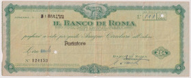 Africa Orientale Italiana, Eritrea, filiale di Asmara - Assegno circolare a taglio fisso Banco di Roma da 100 Lire al Portatore Gav. 03.192 RRRRR Ques...