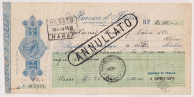 ETIOPIA filiale di Harar - Assegno bancario della Banca d' Italia datato 29/07/1938 con valuta in Rupie
BB+