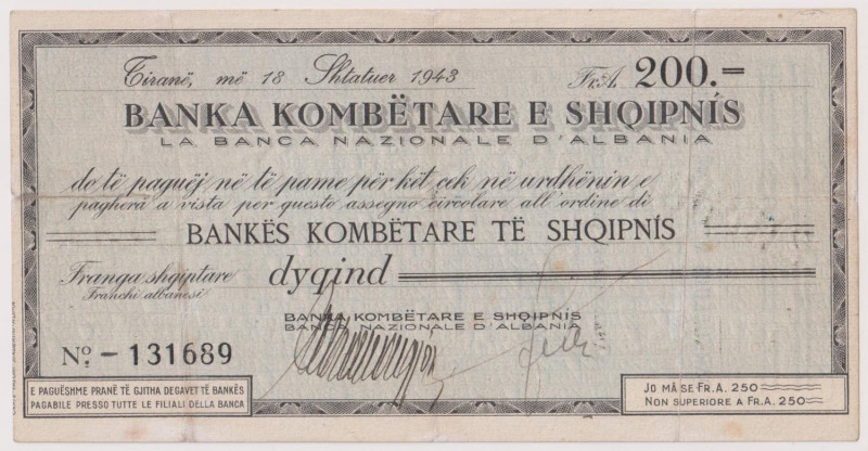 ALBANIA Assegno a taglio fisso (tipo 2) della Banca Nazionale d' Albania da 200 ...