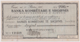 ALBANIA Assegno a taglio fisso (tipo 2) della Banca Nazionale d' Albania da 200 Franchi Albanesi del 18/09/1943 Gav. 03.161 RRR Questo esemplare è il ...