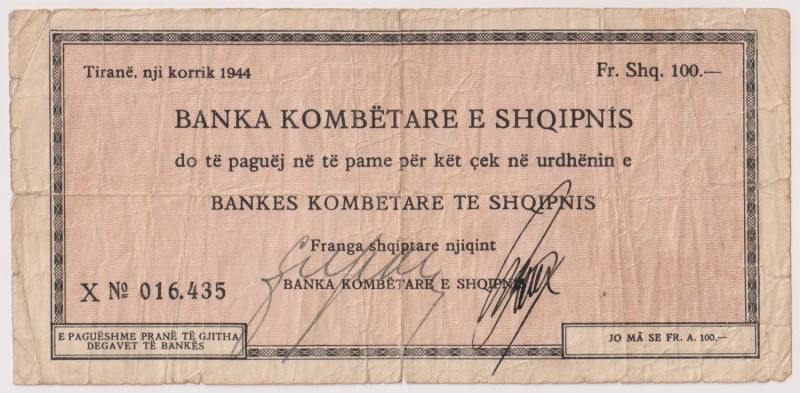 ALBANIA Assegno a taglio fisso (tipo 3) della Banca Nazionale d'Albania da 100 F...