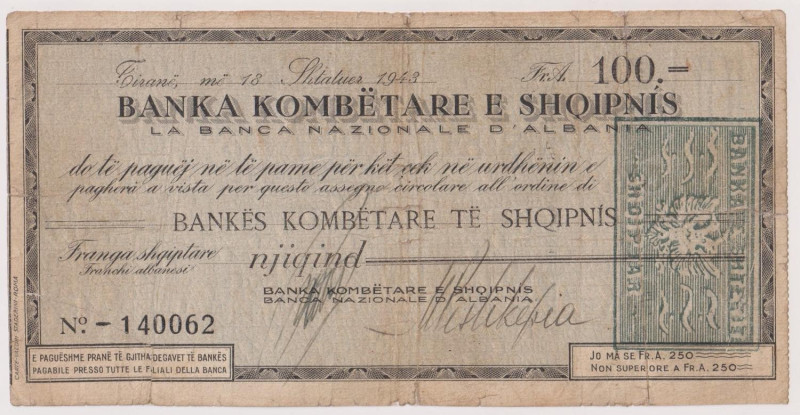 ALBANIA Assegno a taglio fisso (tipo 2) della Banca Nazionale d' Albania da 100 ...