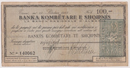 ALBANIA Assegno a taglio fisso (tipo 2) della Banca Nazionale d' Albania da 100 Franchi Albanesi del 1943 con sovrastampa 1945. Gav. 03.159 RR 
BB