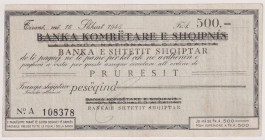 ALBANIA Assegno a taglio fisso (tipo 3) della Banka E Shtetit Shqiptar da 500 Franchi Albanesi del 1945 (riferimenti Italiani cancellati da sovrastamp...