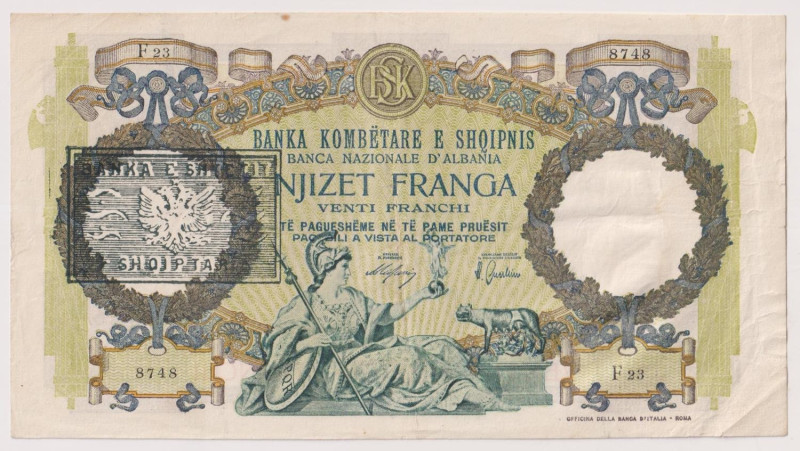 ALBANIA Emissione provvisoria Banca d'Albania 1945 - 20 Franchi oro del 1939 con...