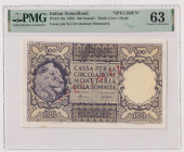 AFIS (Amministrazione fiduciaria italiana della Somalia) - 100 Somali del 1950 SPECIMEN Gig. AFS 6 RRRR In slab PMG n° 1914640-006.
PMG 63