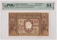 AFIS (Amministrazione fiduciaria italiana della Somalia) - 20 Somali del 1950 SPECIMEN Gig. AFS 5 RR In slab PMG n° 1914640-015.
PMG 64