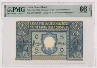 AFIS (Amministrazione fiduciaria italiana della Somalia) - 5 Somali (I° Tipo) del 1950 A006 004063 Gig. AFS 2A RR In slab PMG n° 1914640-020.
PMG 66...
