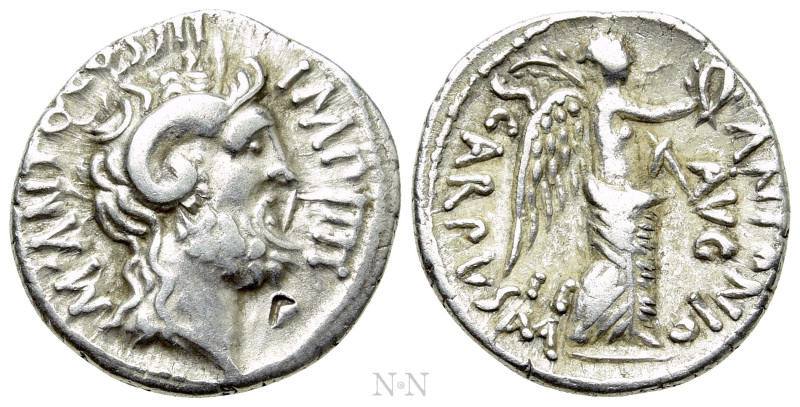 MARK ANTONY. Denarius (31 BC). Cyrene. L. Pinarius Scarpus, moneyer.

Obv: M A...