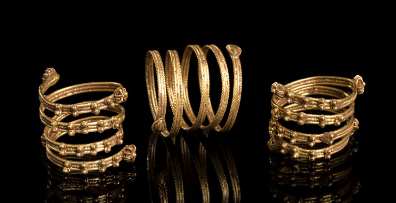 Group of three Etruscan Gold Spiral Rings
7th - 6th century BC; height mm 17 ea...