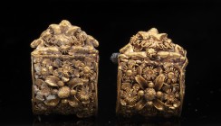 Pair of Etruscan Gold Bauletto Earrings 
First half of 6th century BC; height mm 23 each; gr 9,56 tot; These earrings are miniature sculptures of con...