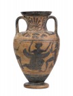 Etruscan Black-Figure Neck Amphora With Kneeling-Run Of Maenads and Satyrs
Attributed to the Micali painter, ca. 530 - 520 BC; height cm 40; Decorate...
