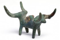 Picentes Bronze Pendant with Double Bull-Shaped Protomes
6th century BC; lenght cm 12; Traces of iron hook, untouched green patina. Provenance: Belgi...