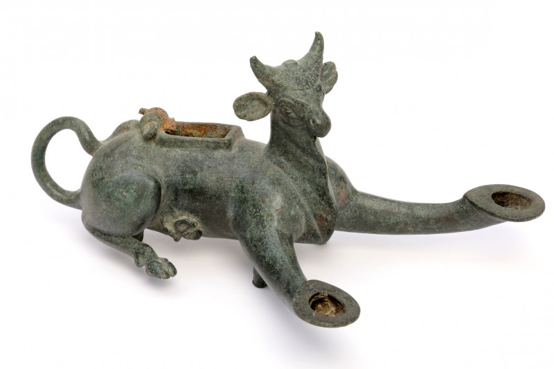 Roman Bronze Two-Spouted Lamp in the form of a Bull
2nd - 3rd century AD; lengt...