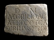 Roman Marble Gravestone of Aulus Egrilius Agathopus
1st - 2nd century AD; height cm 18,5; length cm 25,5. Provenance: English private collection, acq...