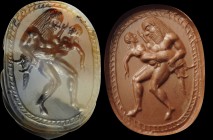Fine, archaic greek intaglio on an agate scarab. A satyr, kidnapping a girl. The piece shows a big satyr, turned to the right with his head in profile...
