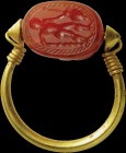 An intaglio on an etruscan carnelian scarab, mounted on an ancient gold ring. Hercules at the spring/fountain. The hero, turned to the right, is filli...