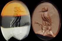 A roman banded agate intaglio. Fantastic creature. The hybrid being is made of an avian body ad a bald man's head. The figure is bending its head back...