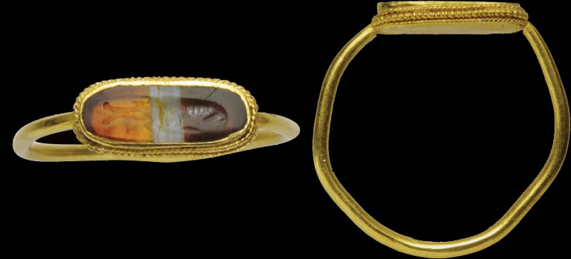 A roman banded agate intaglio, mounted on an ancient gold ring. Crostacean. Eleg...